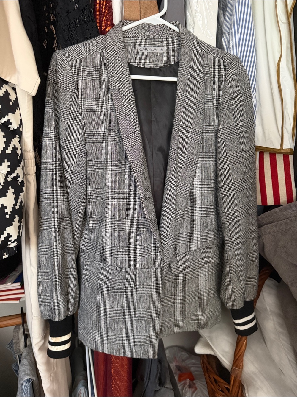 Carmar Gray Plaid Blazer with Black & White Stripe Cuffs